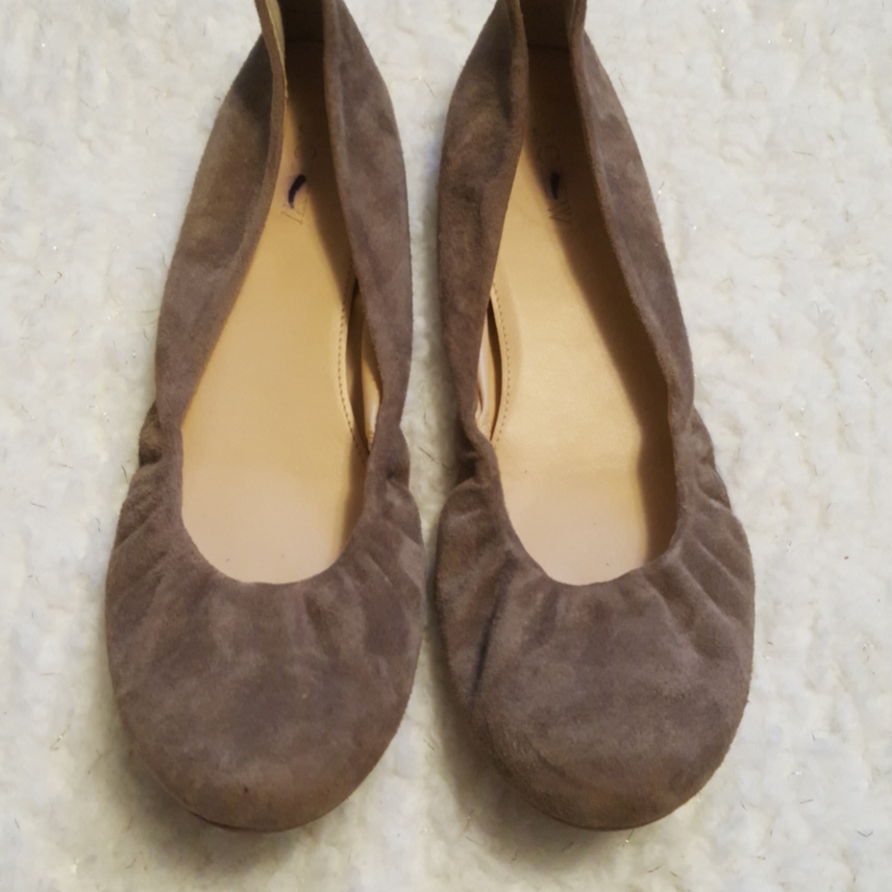 J Crew Suede Taupe Grey Flats, Size 10.5